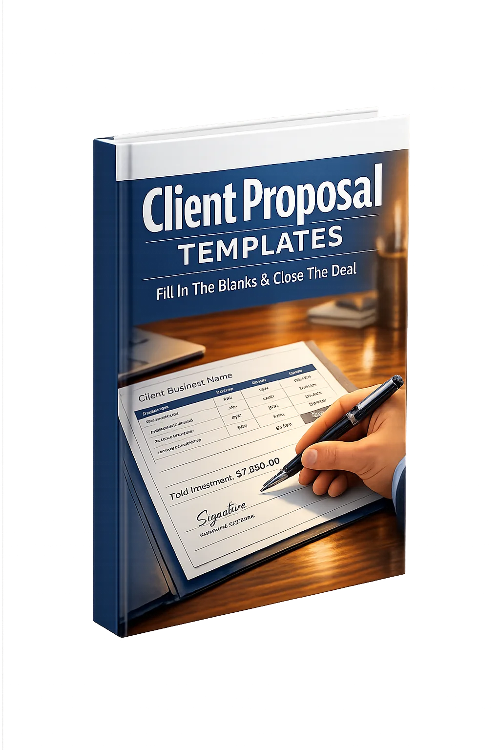 Local Lead Generation Blueprint – E-Book zum Agenturaufbau 3 Client Proposal Templates – Buch-Cover mit dunkelblauem Rücken, Schreibtisch mit Vertrag und Stift, Unterschrift und Investit