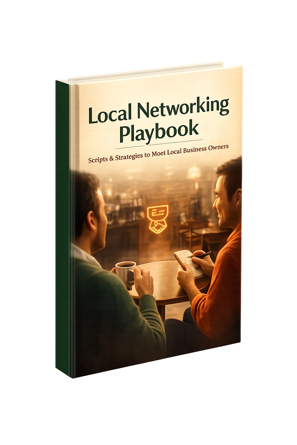 Local Lead Generation Blueprint – E-Book zum Agenturaufbau 4 Local Networking Playbook – Buch-Cover mit grünem Leinenrücken, zwei Geschäftsleute bei Kaffee in Restaurant-Setting