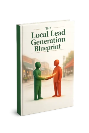 The Local Lead Generation Blueprint – Buch-Cover mit grünem Leinenrücken, zwei farbigen Figuren schütteln Hände vor verschwom