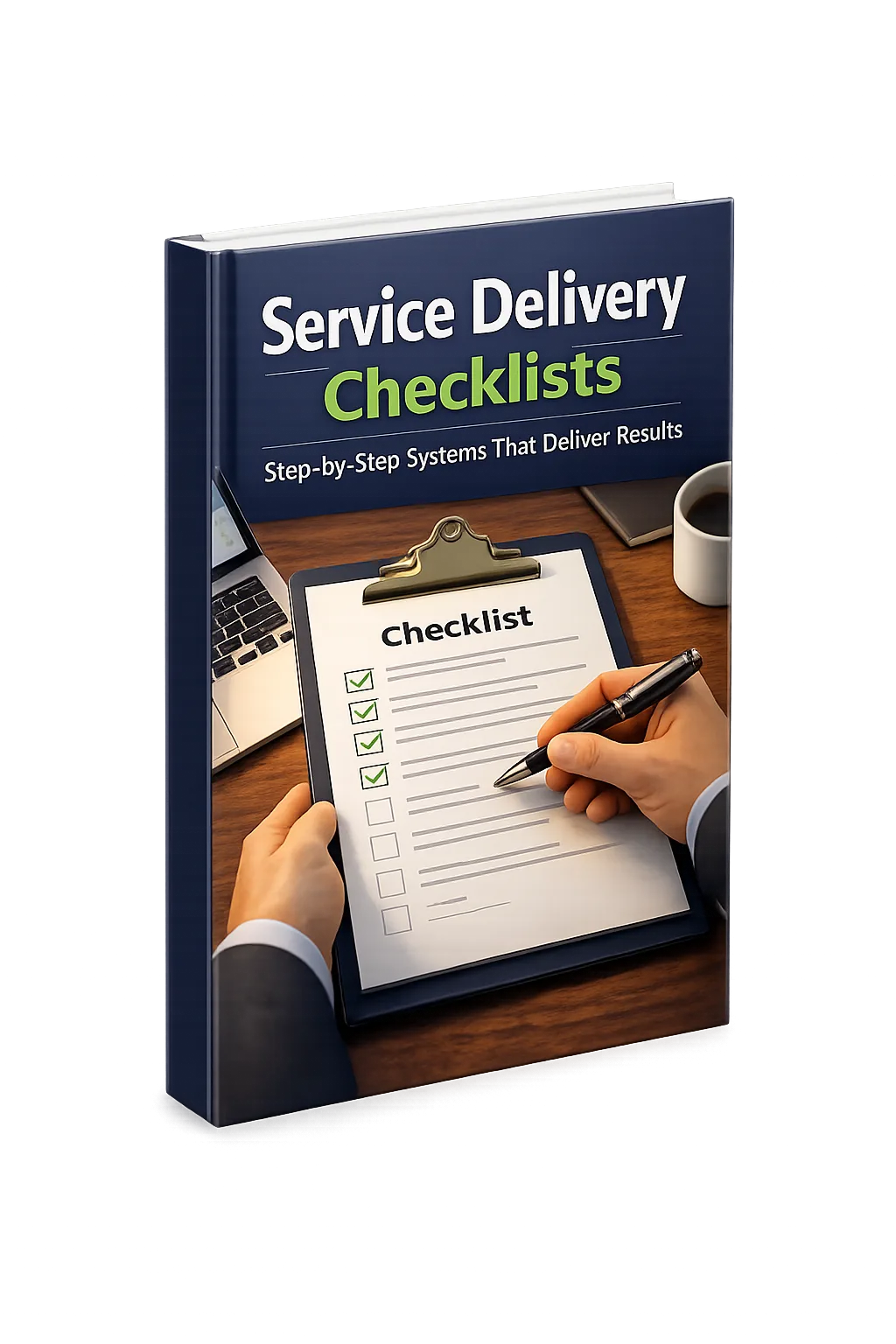 Local Lead Generation Blueprint – E-Book zum Agenturaufbau 5 Service Delivery Checklists – Buch-Cover mit dunkelblauem Rücken, Clipboard mit Checkliste und Stift auf Schreibtisch