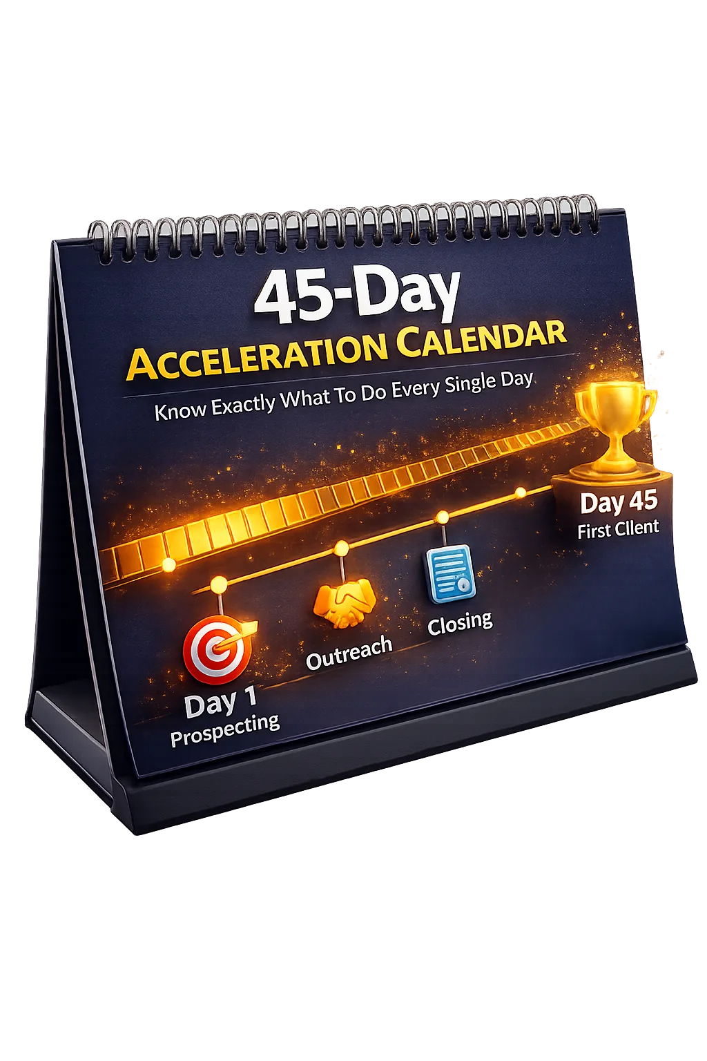 Local Lead Generation Blueprint – E-Book zum Agenturaufbau 6 45-Day Acceleration Calendar – Spiralgebundener Desktop-Kalender mit dunkelblauem Cover, Milestone-Symbole und goldene Treppe