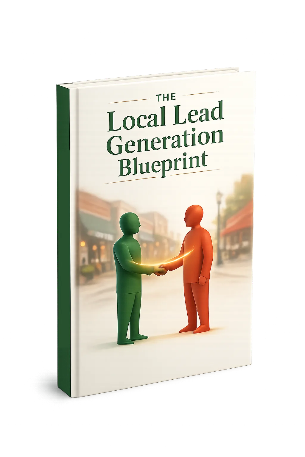 Local Lead Generation Blueprint – E-Book zum Agenturaufbau 1 The Local Lead Generation Blueprint – Buch-Cover mit grünem Leinenrücken, zwei farbigen Figuren schütteln Hände vor verschwom