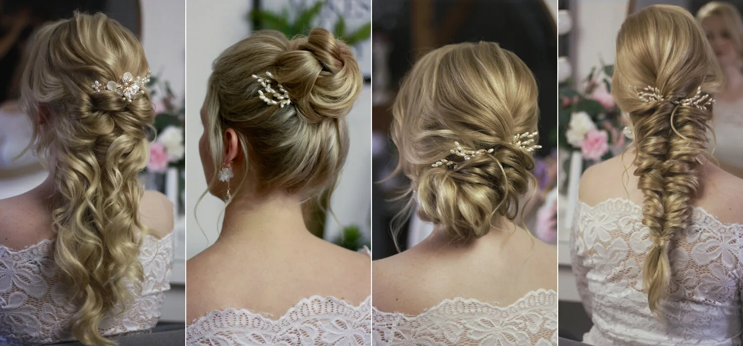 Lockere Frisuren – Videokurs für Hochsteckstyling von Laurie Ibsen 3 Galerie mit vier Hochsteckfrisuren-Variationen von hinten mit Perlenapplikationen