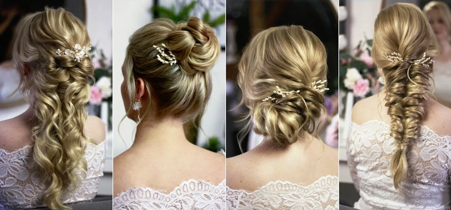 Lockere Frisuren – Videokurs für Hochsteckstyling von Laurie Ibsen 2 Vier Hochsteckfrisuren von hinten mit blondem Haar, Perlenapplikationen und verschiedenen Flechtmustern