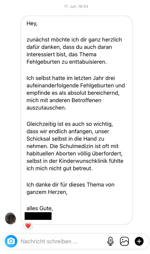 Instagram Direct Message über Fehlgeburten und Trauer mit persönlichem Erfahrungsbericht