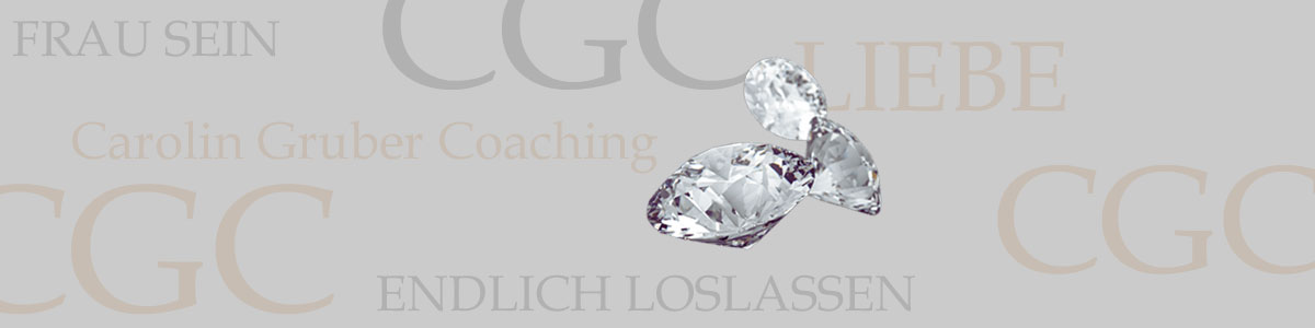 Banner mit Carolin Gruber Coaching Logo, Diamanten und Texten Frau sein, Endlich loslassen