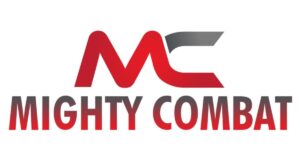 Mighty Combat Logo mit rotem Wellenmuster und grauem Pfeil