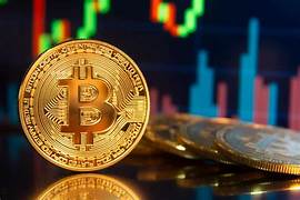 Bitcoin Münze vor Krypto-Handelschart mit Candlestick-Diagramm