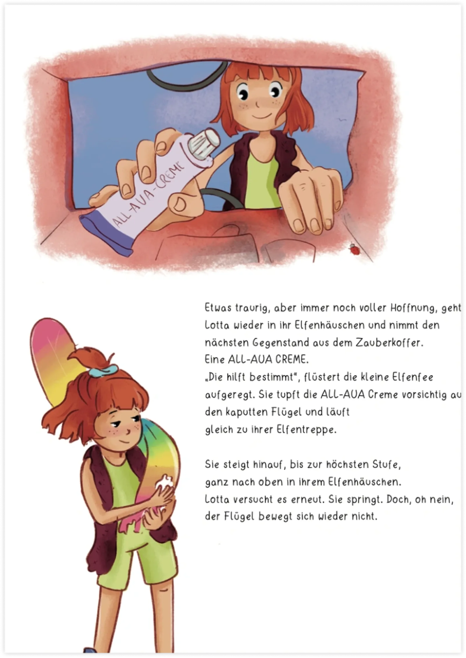 Lotta und das AccessyourAura Wunder – Kinderbuch über Mut 1 Buchseite Lotta im Auto mit ALL-AURA Creme Illustration und Text