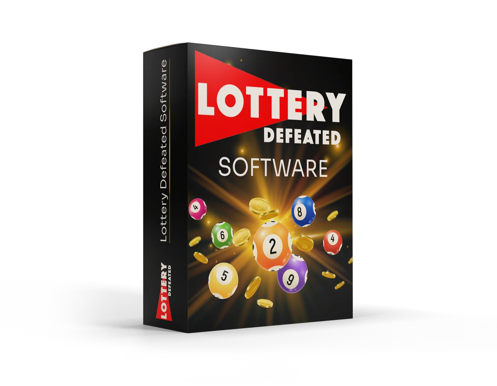 Lottery Defeater Software Produktbox mit Lottoscheinballen und Goldmünzen auf schwarzrotem Hintergrund