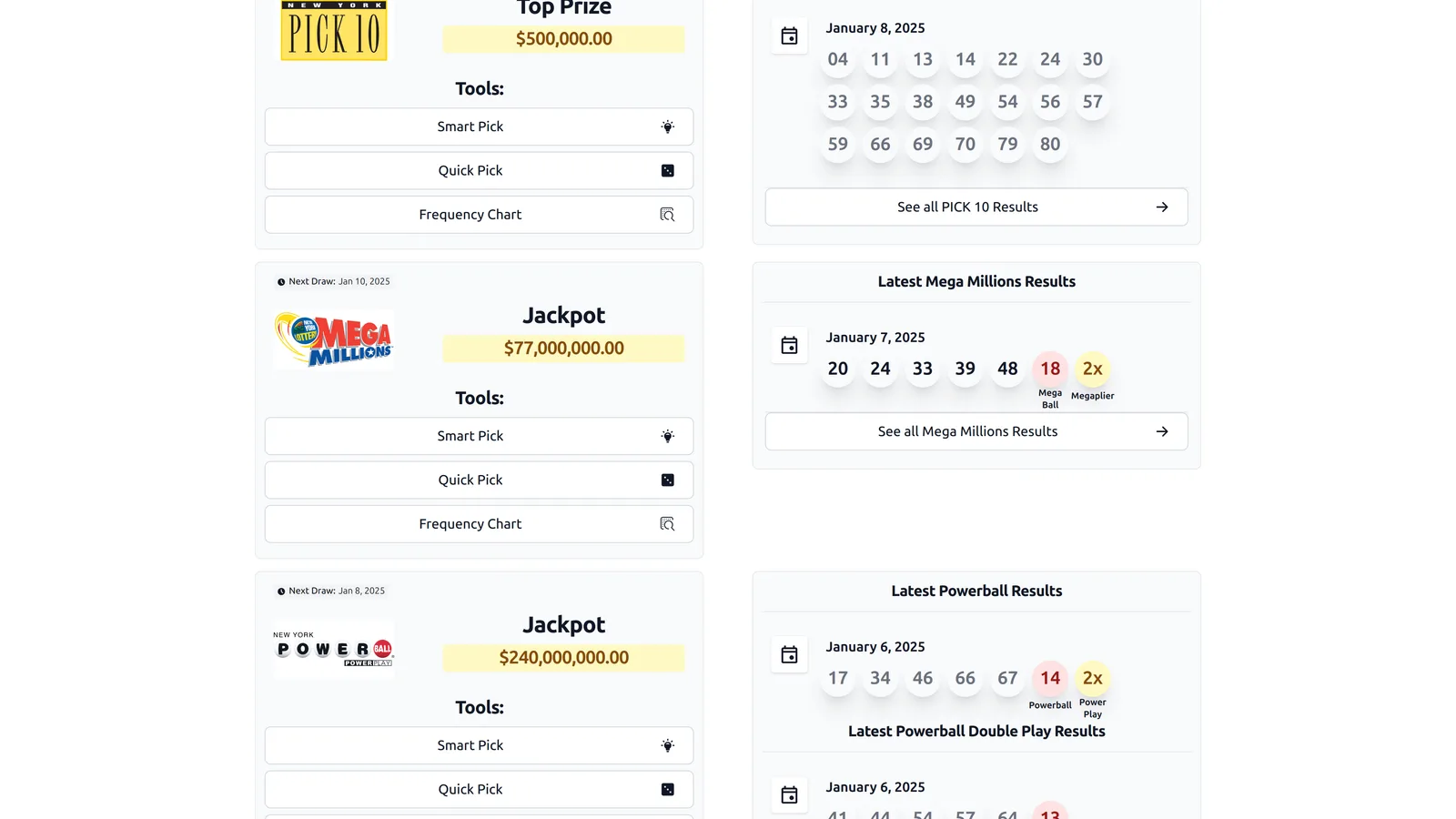 Lottery Whiz – Mitgliedschaft für Lottozahlen-Analyse 4 Lottery Whiz Spielauswahl Dashboard in heller Ansicht mit Pick 10, Mega Millions und Powerball