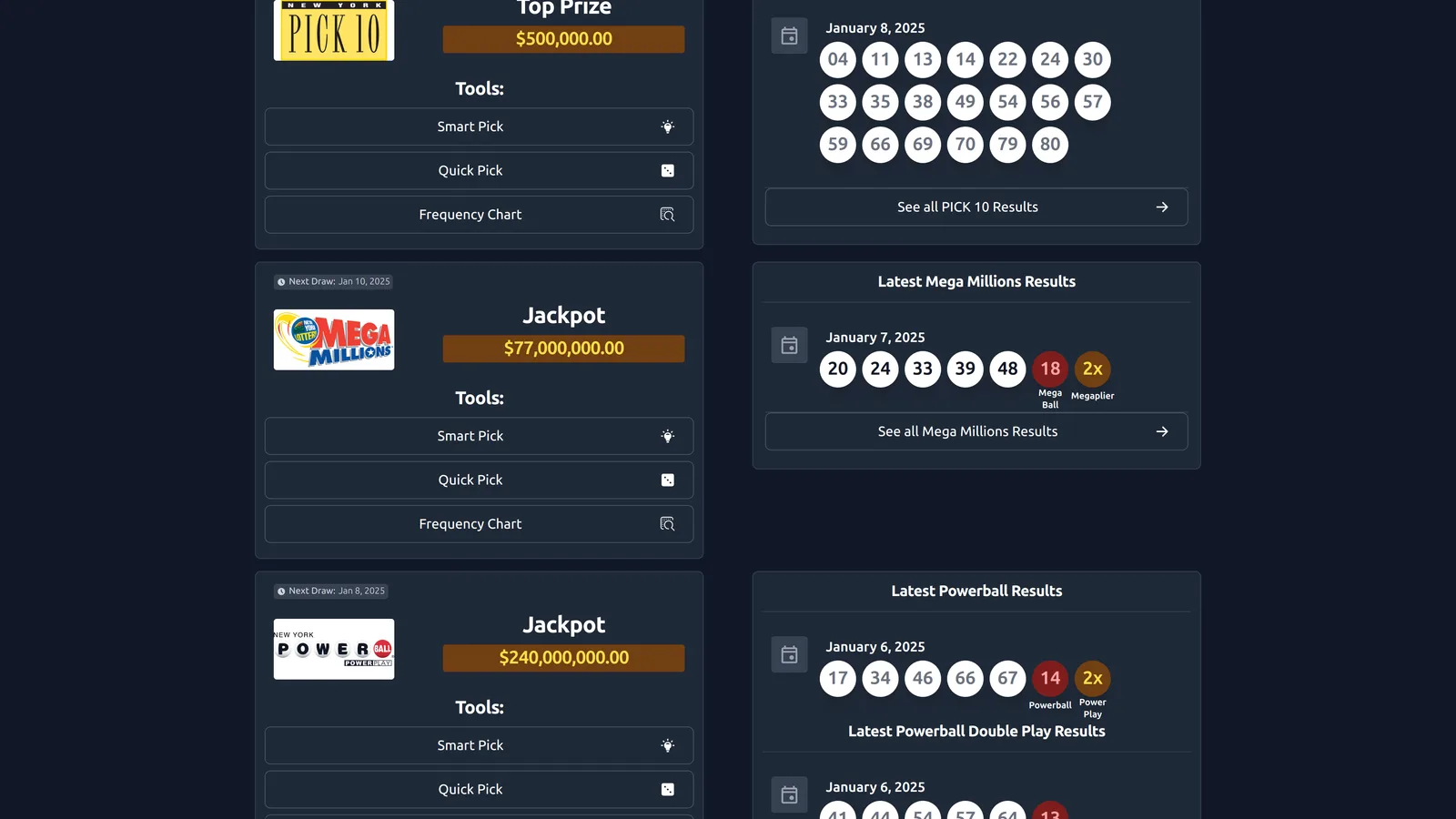Lottery Whiz – Mitgliedschaft für Lottozahlen-Analyse 5 Lottery Whiz Spielauswahl Dashboard in dunkler Ansicht mit Pick 10, Mega Millions und Powerball