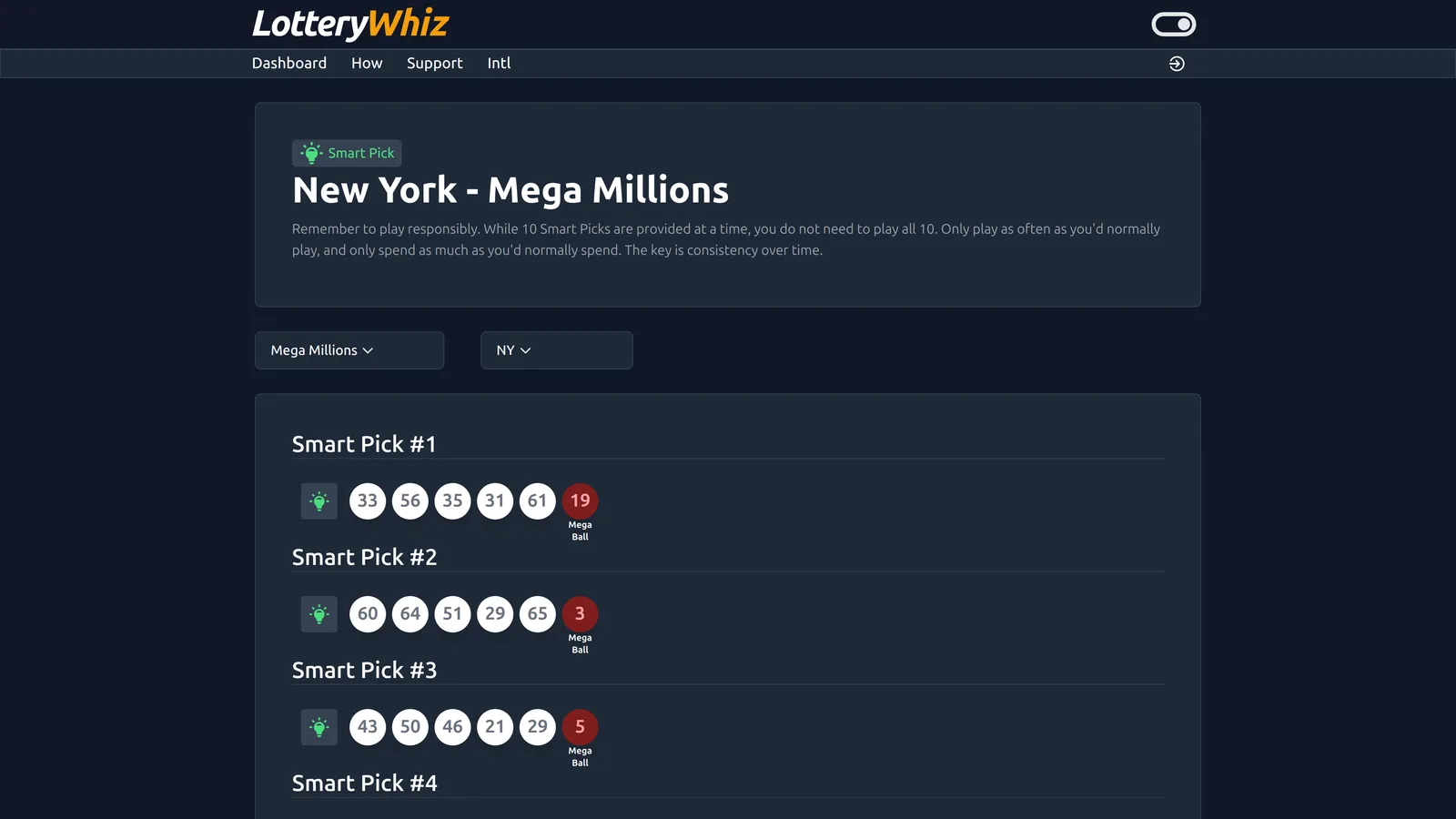 Lottery Whiz – Mitgliedschaft für Lottozahlen-Analyse 7 Lottery Whiz Smart Pick Generator für New York Mega Millions in dunkler Ansicht