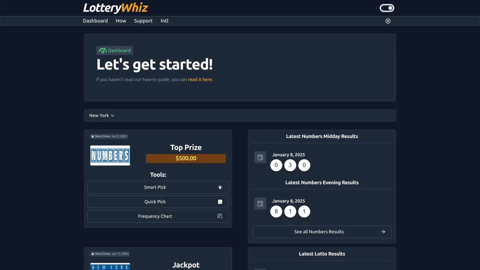 Lottery Whiz – Mitgliedschaft für Lottozahlen-Analyse 3 Lottery Whiz Dashboard in dunkler Ansicht mit Spielauswahl und Ergebnissen