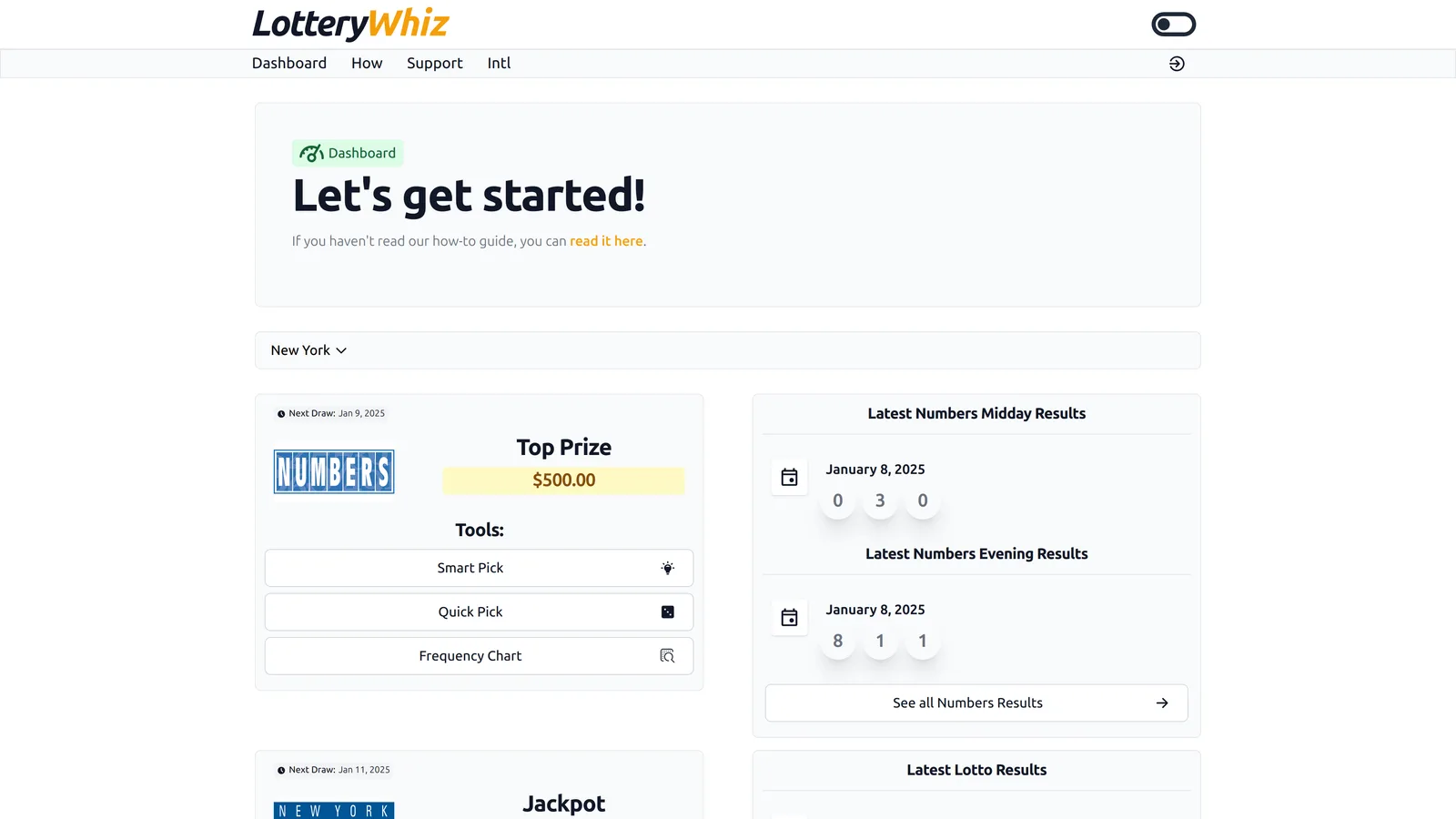 Lottery Whiz – Mitgliedschaft für Lottozahlen-Analyse 1 Lottery Whiz Dashboard in heller Ansicht mit Spielauswahl und Ergebnissen