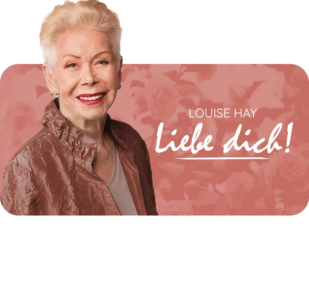 Louise Hay – Videokurs zur Selbstliebe 5 Louise Hay Portrait mit Text liebe dich! auf rosafarbenem Hintergrund