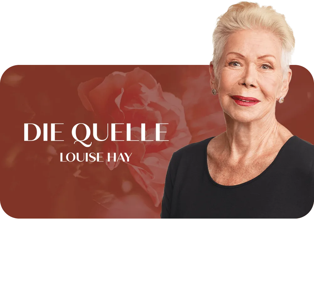 Louise Hay – Videokurs zur Selbstliebe 7 Louise Hay Portrait mit Buchtitel Die Quelle auf weinrotem Hintergrund