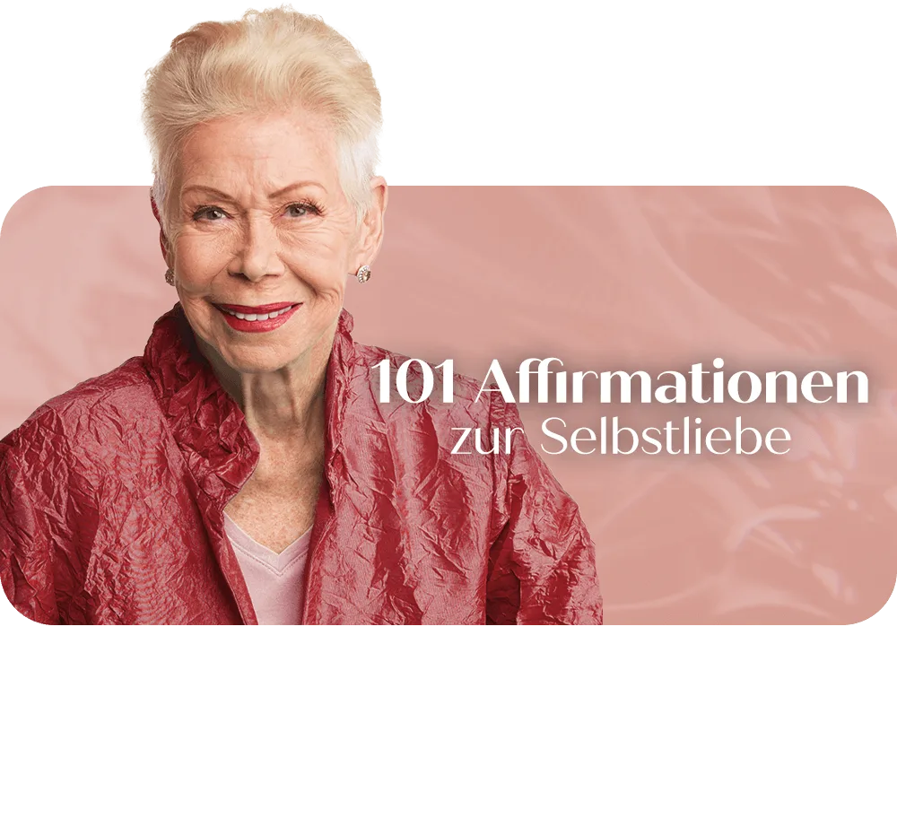 Louise Hay – Videokurs zur Selbstliebe 8 Louise Hay Portrait mit Text 101 Affirmationen zur Selbstliebe auf rosa Hintergrund