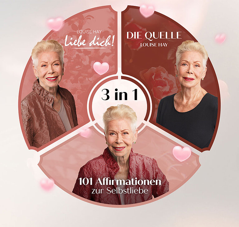 Louise Hay – Videokurs zur Selbstliebe 3 Mobile Bundle-Grafik mit Portraits und Produkttiteln auf rosa und rotem Hintergrund