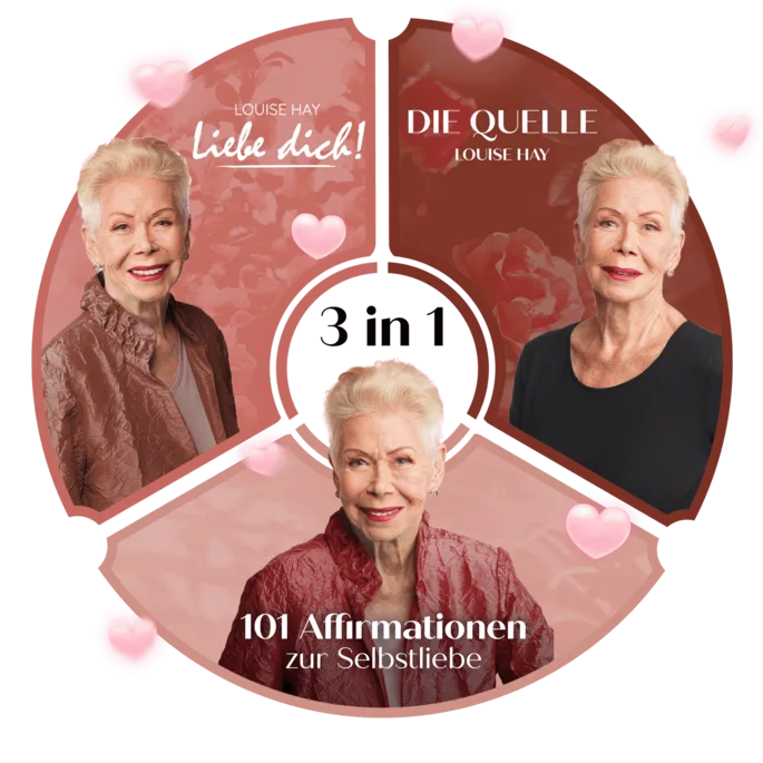 Louise Hay – Videokurs zur Selbstliebe 1 3-in-1 Bundle-Grafik mit Louise Hay und drei Produkttiteln