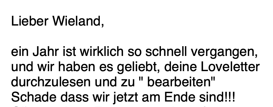 Kundenstimme zu Loveletter: Ein Jahr ist schnell vergangen, wir haben es geliebt, deine Loveletter durchzulesen