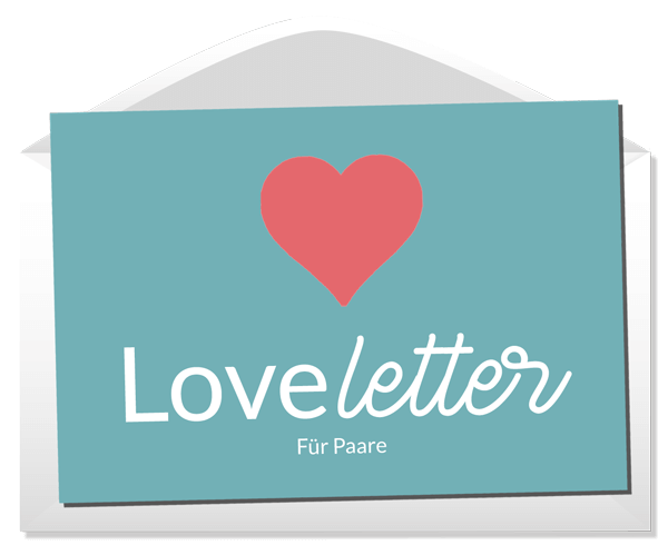 Loveletter E-Mail-Kurs Produktcover mit rotem Herz und Titel auf türkisem Grund im Umschlag