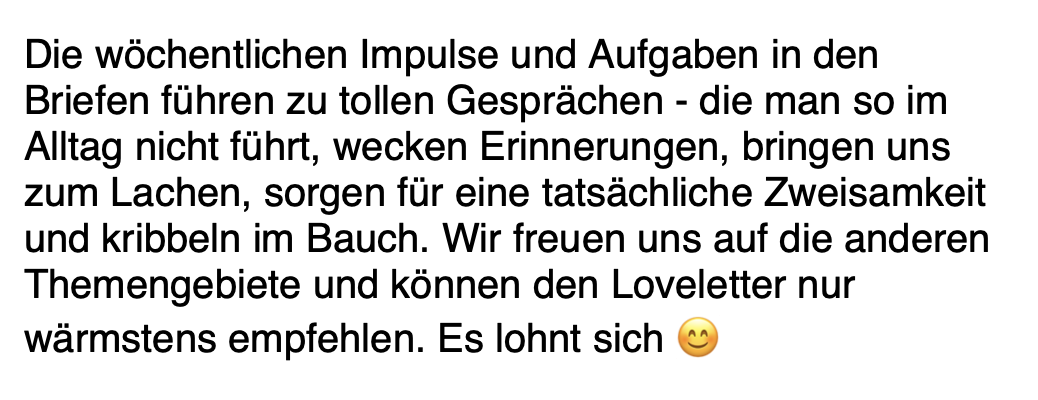 Kundenbewertung: Text über wöchentliche Impulse und Aufgaben im Loveletter