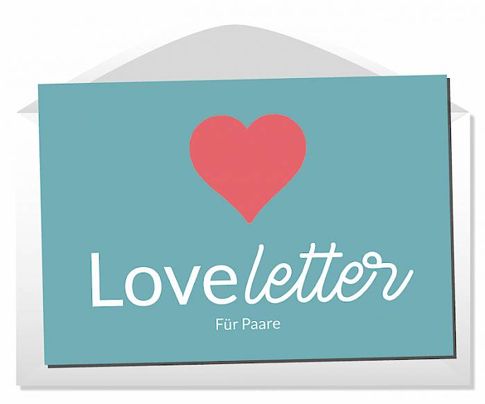 Loveletter E-Mail-Kurs für Paare – Produktabbildung mit rotem Herz auf türkisem Hintergrund in Umschlag-Mockup