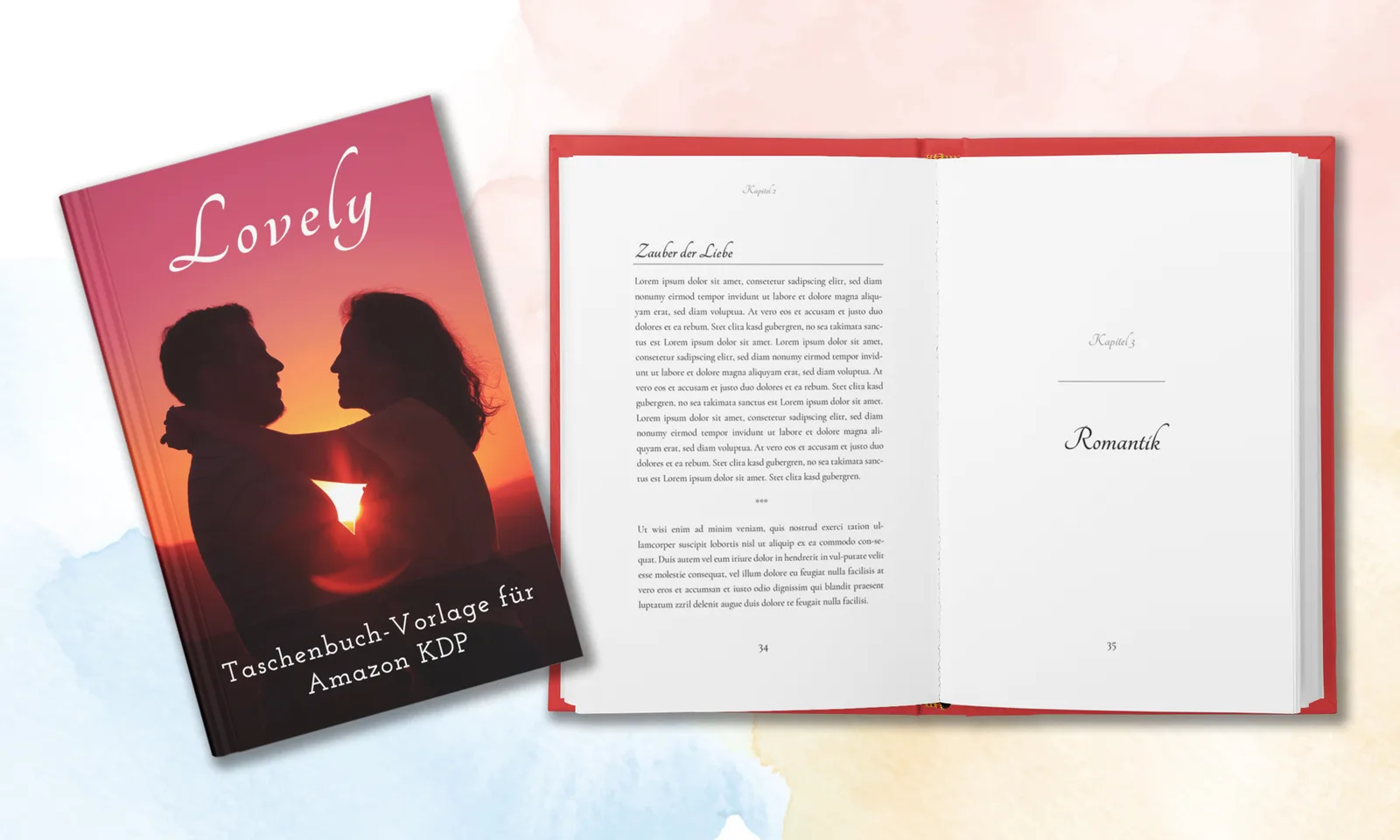 Lovely Taschenbuch-Vorlage Mockup mit aufgeschlagenem Buch und Coveransicht