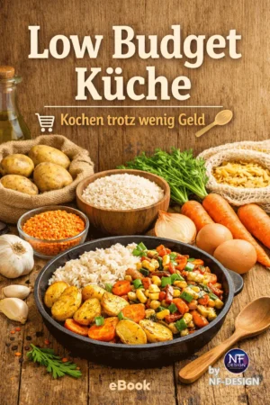 Low Budget Küche eBook Cover mit Gericht in schwarzer Pfanne auf Holzuntergrund