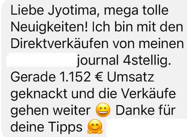 Kundenzeugnis über 4-stellige Einnahmen mit Direktverkäufen von Low Content Journal