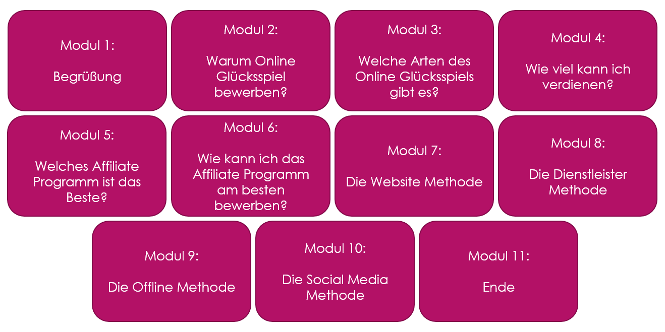 Kursstruktur mit 11 Modulen zum Affiliate Marketing auf magentafarbenem Hintergrund
