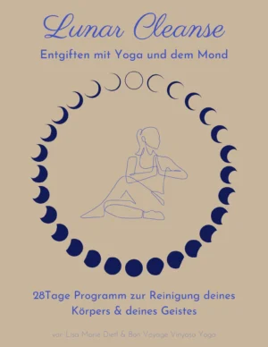 Lunar Cleanse Cover mit Yoga-Pose, Mondzyklus und blauer Schrift auf Beige