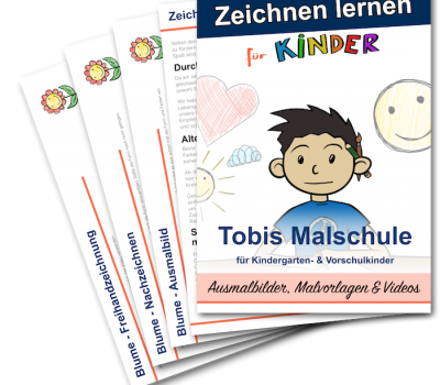 Produktabbildung gestapelte Übungsblätter Zeichnen lernen für Kinder mit Cartoon-Charakter
