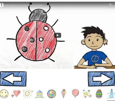 Videostandbild aus Zeichenkurs mit Marienkäfer, Cartoon-Kind und Navigationsbuttons