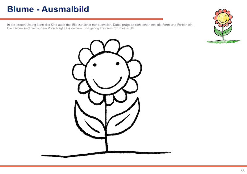 Übungsblatt Blume Ausmalbild mit schwarzer Kontur und Anleitung zum Zeichnen und Malen