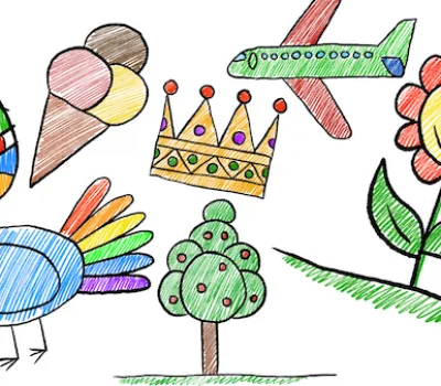 Screenshot Zeichenschule mit bunten Malvorlagen: Eiscreme, Flugzeug, Blumen, Krone