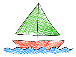 Zeichenmotiv Segelschiff mit grünem Segel und Wellen in minimalistischer Strichzeichnung