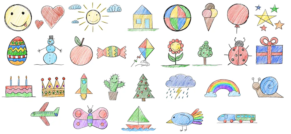 Übersicht 30 coloriert gezeichnete Objekte: Smiley, Herzen, Sonne, Haus, Eiscreme, Marienkäfer, Blumen