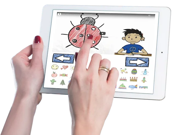 Mockup Tablet mit Zeichenübung Marienkäfer und Cartoon-Kind, Hände bedienen Gerät