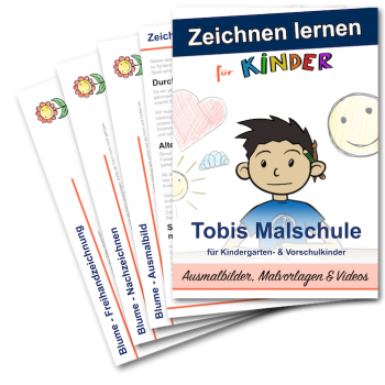 Produktabbildung Zeichnen lernen für Kinder mit gestapelten Übungsblättern und Cartoon-Kind