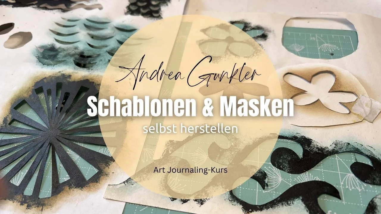 Schablonen und Masken in verschiedenen Farben mit floralen und geometrischen Mustern auf bemaltem Untergrund