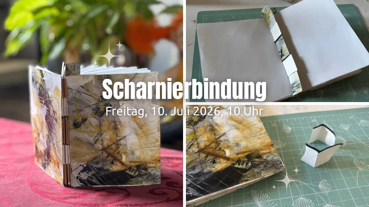 Handgebundenes Buch mit Scharnierbindung in Grün und Gold, aufgeklappt und geschlossen, mit gehäkeltem Schmuck