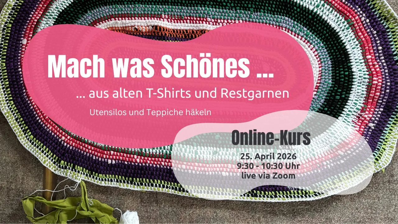Hero-Banner für Online-Kurs Teppichhäkeln mit buntem gehäkeltem Teppich im Hintergrund und pink-weißem Textfeld