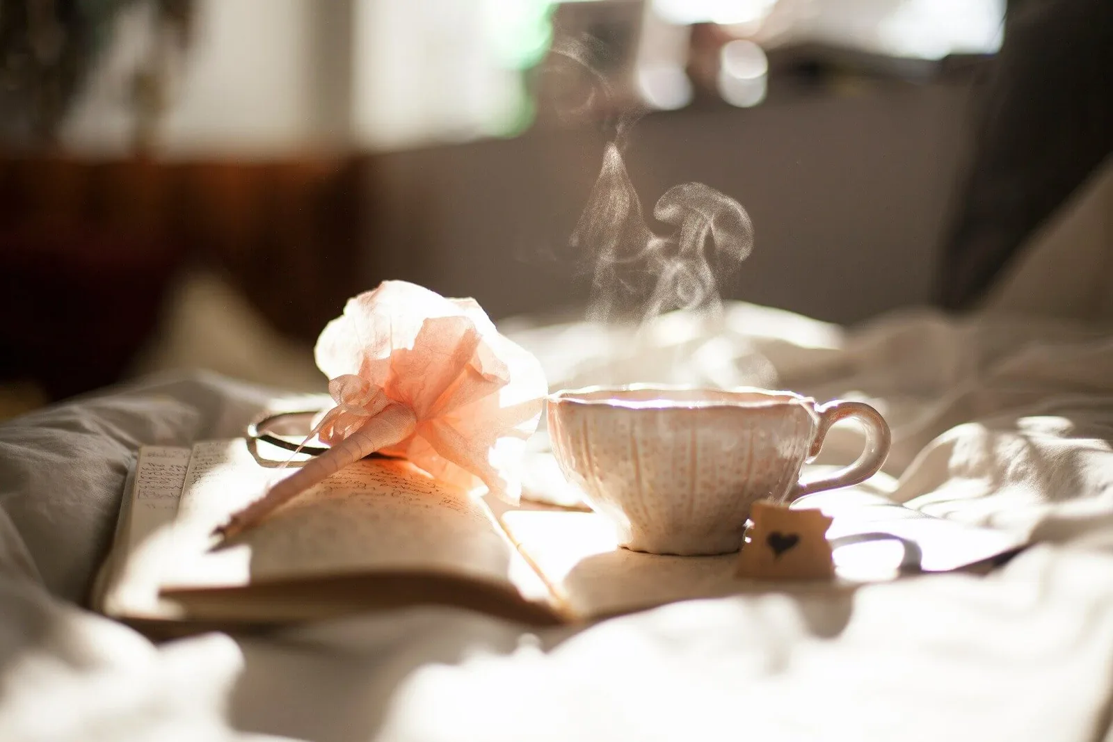 Heißer Tee in Tasse mit Blüte und aufgeschlagenem Buch in sonniger Atmosphäre