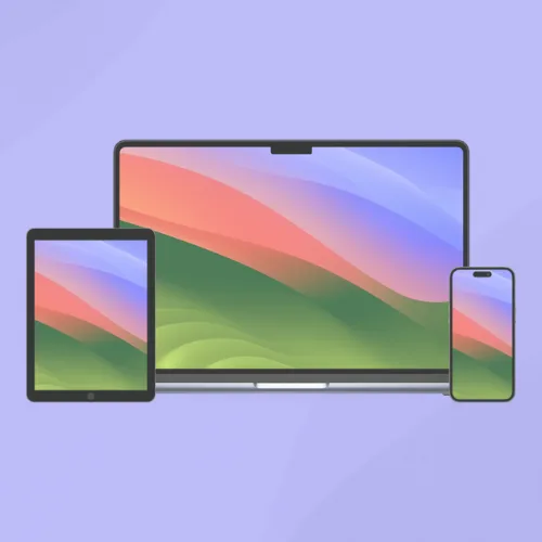 macOS Sonoma für Einsteiger – Videokurs zur Mac-Bedienung 3 macOS Sonoma Produktabbildung mit iPad, MacBook und iPhone auf lila Hintergrund