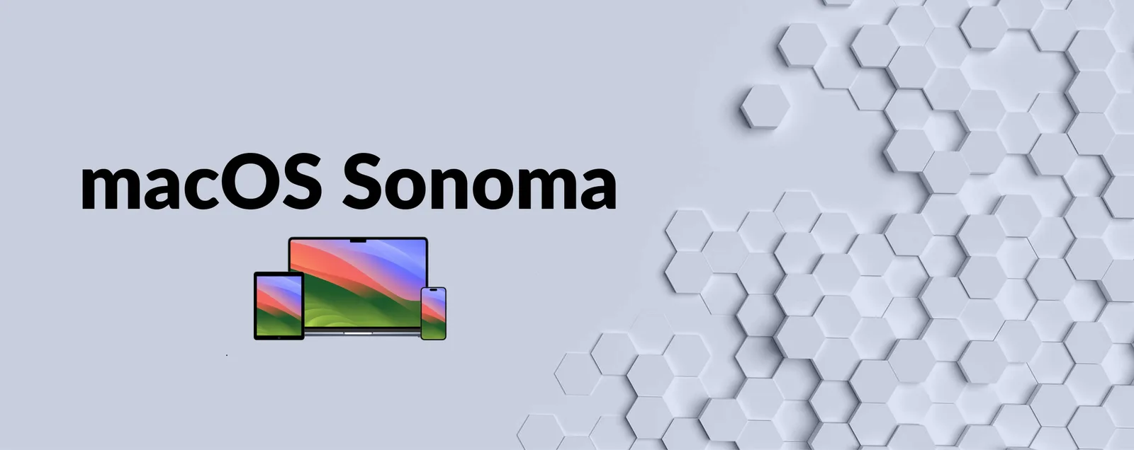 macOS Sonoma für Einsteiger – Videokurs zur Mac-Bedienung 2 macOS Sonoma Video-Schulungen Hero-Banner mit Geräte-Mockup und hexagonalem Hintergrund