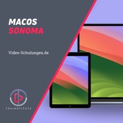 macOS Sonoma für Einsteiger – Videokurs zur Mac-Bedienung 1 macOS Sonoma für Einsteiger Kurs-Cover mit Geräte-Mockup und diagonalem Design