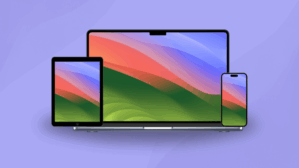 macOS Sonoma Leitfaden Hero-Grafik mit iPad, MacBook und iPhone auf lila Hintergrund