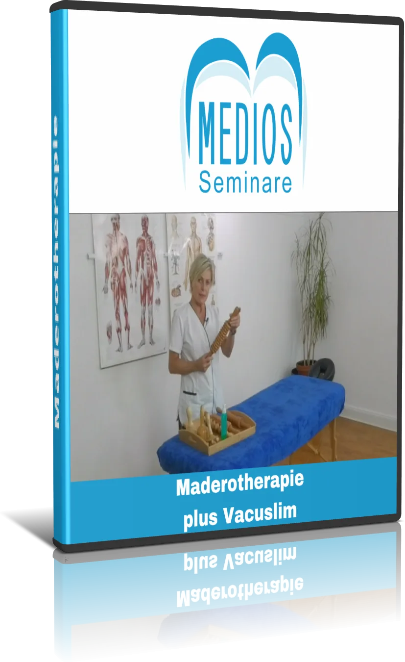 DVD-Cover Maderotherapie plus Vacuslim von MEDIOS Seminare mit Therapeutin und Holzwalzen
